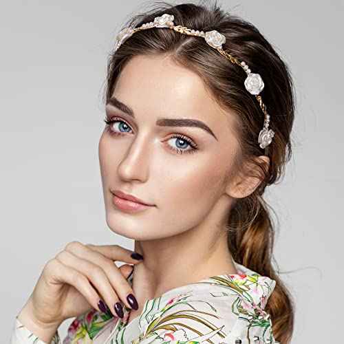 OIIKI 2Pcs Rose Hairband for Women, Metal Gold White Flower Floral Headbands, Pearl Hair Band Headpiece Hair Jewelry Accessories for Women Bride Valentine Wedding Engagement Birthday Christmas
