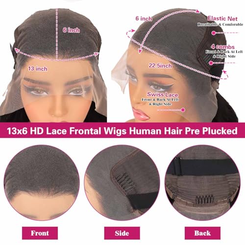 Body Wave Lace Front Wigs Human Hair 200 Density 12a Grade 100% Virgin Human Hair Wigs for Black Women 13x6 Hd Transparent Lace Pre Plucked Natural Black 22 Inch