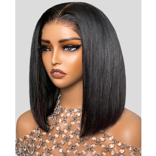 Arabella 12inch Bob Wig Human Hair Real Ready to Go Glueless Wig 12a Straight Bob Wigs Human Hair Pre Cut Only Middle Part Lace Front Wigs Pre Bleached Tiny Knots (12inch, 6x6x1 Glueless)