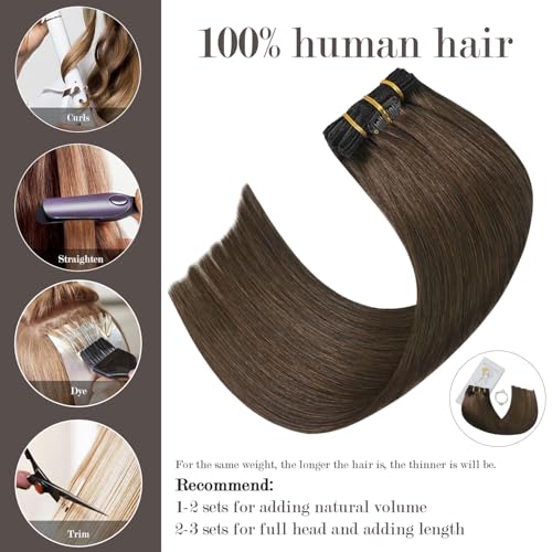 Honsoo Brown Hair Extensions Clip In Human Hair Extensions Natural Soft Hair Medium Brown 100g 20in 7pcs Can Be Styled Long Straight Hair