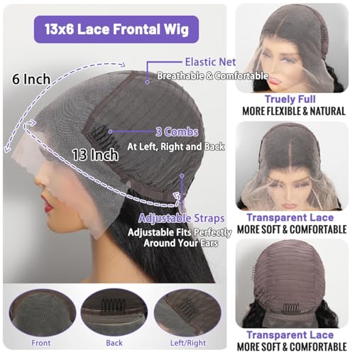 13x6 HD Lace Front Wigs Human Hair 22 inch Body Wave Frontal Wigs Human Hair 210% Density Body Wave Human Hair Wig for Women Pre Plucked Bleached Knots with Baby Hair Natural Black