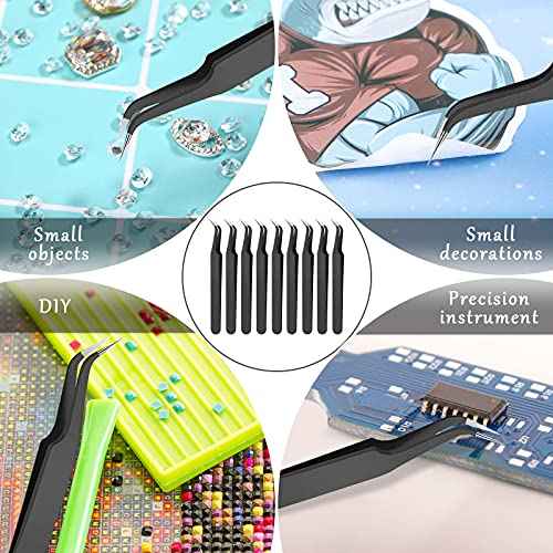Honoson 9 Pieces Curved Pointed Craft Tweezers Stainless Steel Precision Tweezer with Protective Cover for Rhinestones Dried Flowers Craft Stickers Eyelash Extension Jewelry Making(Black)