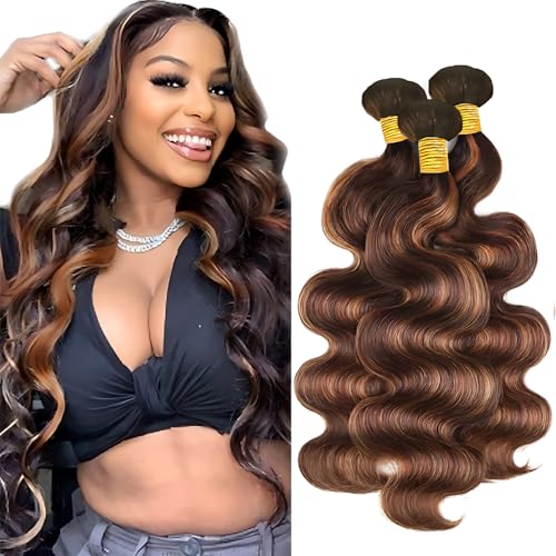 P430 Highlight Body Wave Bundles 20 22 24 Inch Human Hair Chocolate Brown and Brown Bundles Mix Two Tone Double Weft Weave Brazilian Human Hair Extensions Silky and Soft