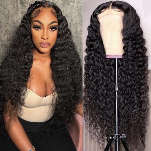 32 Inch Wig Human Hair Deep Wave Wig Natural Black 4x4 Lace Wig Human Hair 200% Density Wet and Wavy Lace Fronral Wig with Baby Hair Pre Plucked For Black Women