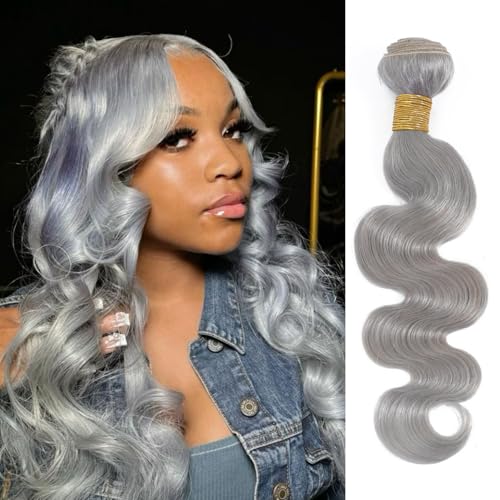 Silver Grey Body Wave Bundles Human Hair 20 Inch, Soft and Thick Short Single Bundle 100% Unprocessed 12A Remy Hair Lavender Gray Color Sew In Quick Weave Wavy Color
