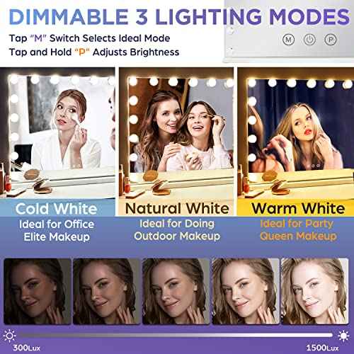 M MIVONDA Hollywood Vanity Mirror with 18 Bulbs Lights, Large Lighted Makeup Mirror for Desk and Wall, Dimmable 3 Lighting Modes, Plug-in & USB Charger Port, White