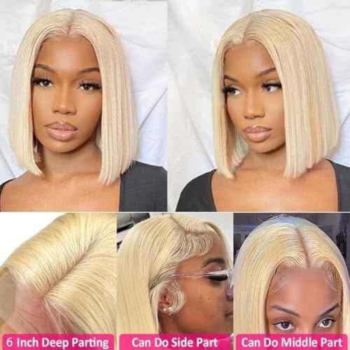 Blonde Bob Wig Human Hair 180% Density 613 Straight 10 Inch Short Bob Wigs 13x6 HD Transparent Lace Front Wig Human Hair Pre Plucked With Baby Hair Glueless 613 Blonde Lace Frontal Wigs For Women