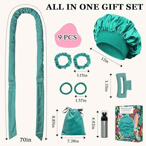 No Heat Overnight Curl Headband, 70" Soft Ribbon Wrap for Long Hair, 9 PCS Hair Curling Rods Set - Blue Green