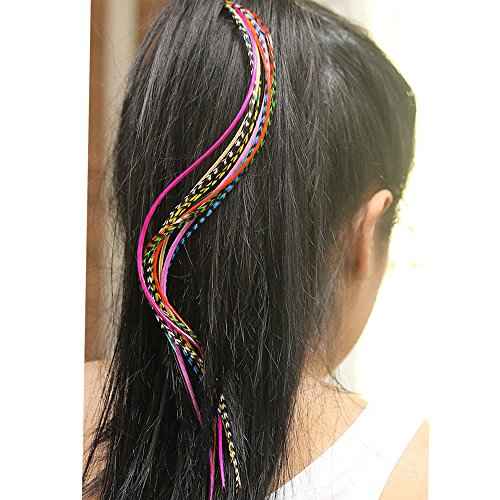 Feather Hair Extension ? 100% Real Rooster Grizzly and Solid Feathers, Rainbow Colors Individual Feathers, Ranging From 8 to 11 Inches in Length, Total of 20 Feathers, Includes Beads and Loop Tool Kit