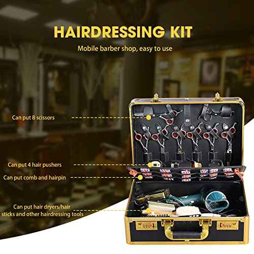 Barber Accessories Case,Barber Briefcase Tool Case,Barber Carrying Cases for Clippers and Supplies,Double Layer Large Barbers Box Travel Organizer, Barber Suitcase Gold