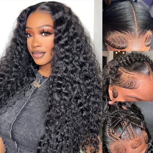 Water Wave Lace Front Wigs Human Hair Pre Plucked Bleached Knots Wet and Wavy 13x6 HD Lace Frontal Wigs for Black Women 200% Density Brazilian Remy Human Hair (Water Wave Wig, 22 Inch)