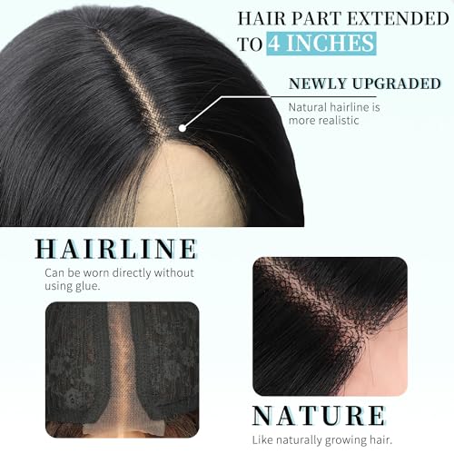 AISI HAIR Black Wig for Women, Long Wavy Lace Hairline Middle Part Synthetic Heat Resistant Wig for Daily Party-26 Inch