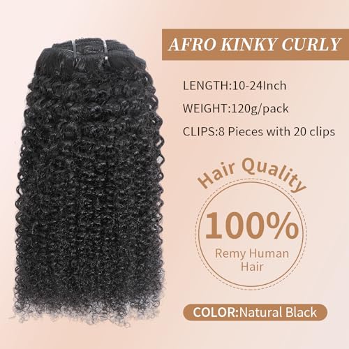 Afro Kinky Curly Clip Ins Human Hair 4C Hair Clip in Extensions Real Natural Human Hair for Black Women 8 pecs with 20 Clips 120g Natural Black Color 24 Inch