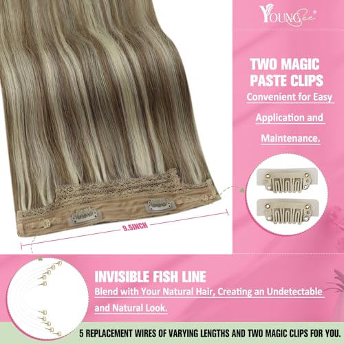 YoungSee Wire Hair Extensions Brown Blonde Invisible Wire Hair Extensions Human Hair Platinum Blonde with Light Brown Highlight Fish Line Hair Extension Real Human Hair 14 Inch 80g