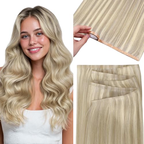 GOO GOO Tape In Weft Hair Extensions Human Hair, Genius PU Long Weft Tape In Hair Extensions Real Human Hair, Silky Easy to Use, P17A/60A Ash Blonde Highlighted Platinum Blonde 18 inch 50g