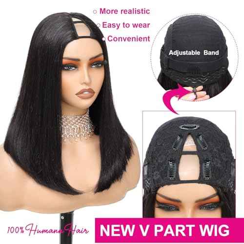 V Part Wig Human Hair Bob Wig 14inch Brazilian Remy Hair Short Bob Human Hair Glueless Wig Upart Bob Wigs For Black Women Upgrade U Part Wig No Sew in No Glue Natural Black Color