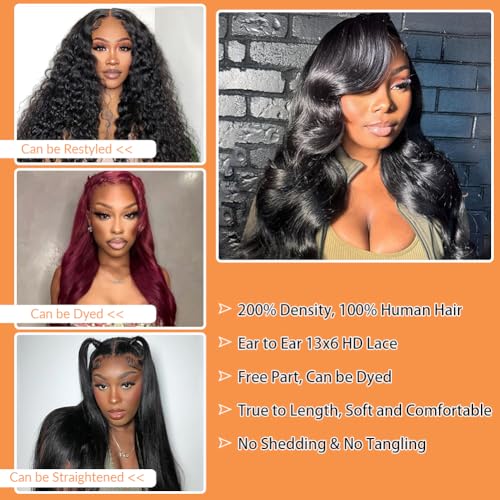 Body Wave Lace Front Wigs Human Hair 13x6 HD Lace Frontal Wigs Human Hair Pre Plucked with Baby Hair 200 Density Glueless Wig Brazilian Virgin Human Hair for Black Women Natural Color 22 Inch