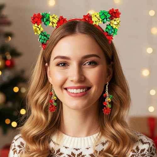Sixexey Cat Ear Headband Set Jingle Bell Earrings Holiday Party Hair Accessories for Women
