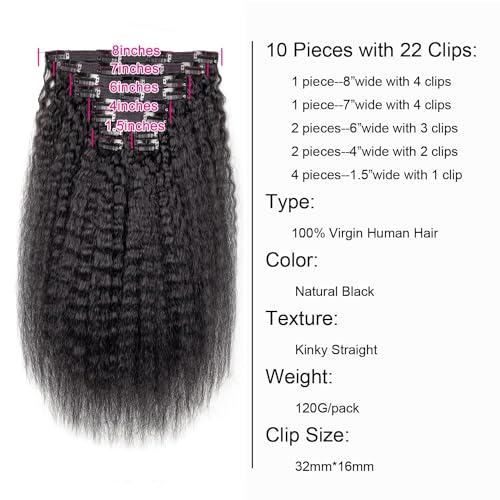 Kinky Straight Clip in Hair Extensions for Black Women Human Hair Clip In Extensions 20 Inch 10Pcs 120g Natural Black Full Head Unprocessed Remy Human Hair (Natural Black, 20 Inch)