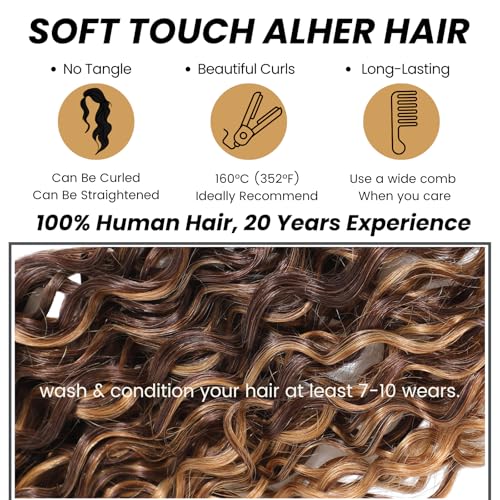 ALHER Honey Blonde Highlight Water Wave Bundles 24 Inch P4/27 Ombre Single Bundles Wet and Wavy Bundles Human Hair Highlight Brown Color 12A 100% Brazilian Virgin Remy Hair for Black Women Soft Thick