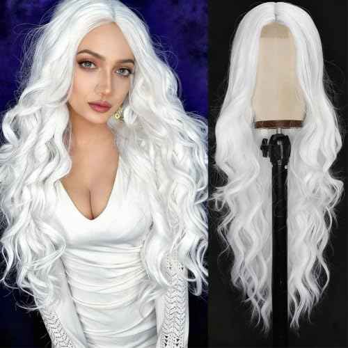 Colorful Queen White Wigs for Women 26 Inch White Long Wavy Wig Middle Part Glueless Lace Wig for Women Daily Party Use Halloween Cosplay
