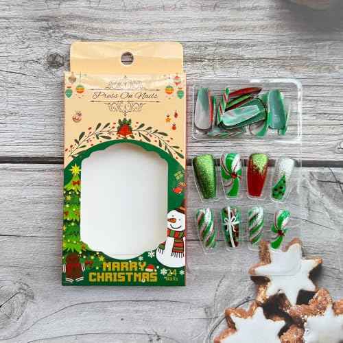 Christmas Press on Nails Medium Coffin Fake Nails with Christmas Tree Gift Knots Designs Glitter Glue on Nails Xmas Design Green and Red Stripes Full Cover False Nails Artificial Acrylic Nails 24pcs