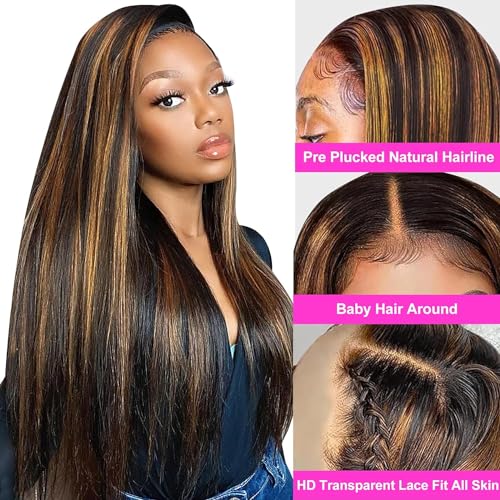Ombre Lace Front Wig Human Hair 20 Inch 180% Density FB/30 13x4 Full Frontal Hd Transparent Lace Straight Lace Front Wig Human Hair Colored Wigs For Black Women Frontal Highlight Wig Human Hair