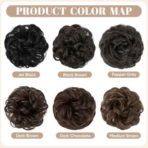 SARLA 2PCS Messy Hair Bun Hair Pieces Wavy Curly Synthetic Updo Fake Scrunchies Ponytail Extension for Women Dark Chocolate