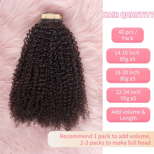 Invisible 4C Afro Kinky Curly Tape in Hair Extensions for Black Women Niawigs Black Color Real Human Hair Tape ins, 40PCS Double Sided PU Skin Weft 16 Inches
