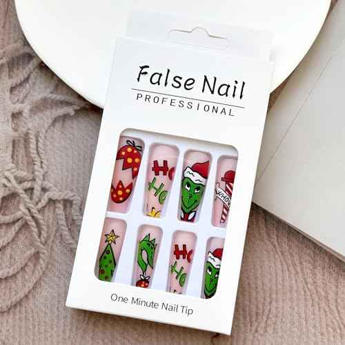 Greenwich Cute Christmas Coffin Nails Full Cover Colorful Red Hat Winter Xmas Artificial Matte Stick on Nails Design 24Pcs
