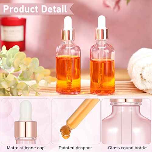 Nuogo 50 Pack Eye Dropper Bottle with Caps, 2oz Glass Bottles Bulk with 5 Droppers for Essential Oils, 3 Plastic Funnels, 30 Labels Stickers for Perfume Liquid Body Oil Beauty Oil(Pink)