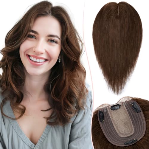 Hair Toppers for Women Real Human Hair with No Bangs Upgrade Lace Base 3.9 * 4.7 Inch Clip In Topper Hairpieces for Women #04 Chocolate Brown 8 Inch