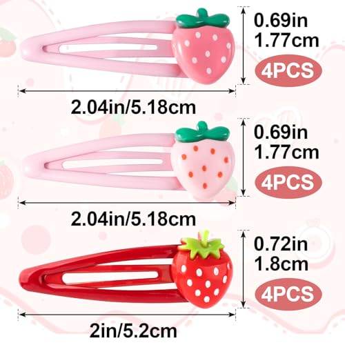 PAGOW 12 Pcs Strawberry Hair Clips, Y2K Cute Hair Barrettes, Fruit Cutecore Hair Accessories, Decorative Metal Snap Hair Clips for Women (Red, Light Pink, Dark Pink)
