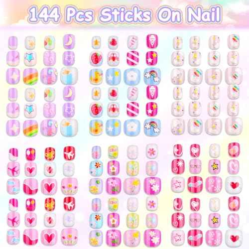 Audab 144 Pieces Mini Nails Set for Kids Press on Girls Nails Kit Fake Nail Tips Short False Nail Full Cover Stick on Nails for Kids 8-12 Sleepovers Stuff Spa Parties Supplies Valentine Day Gifts