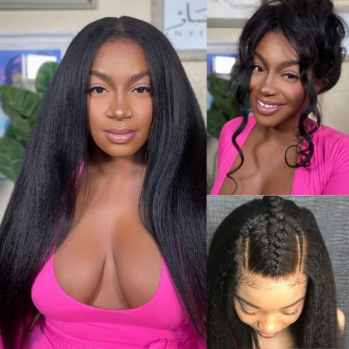 Julia Hair U Part Human Hair Wigs for Women 12A Kinky Straight Braizlian Human Hair Glueless Upart Wig No Glue No Sew in Beginner Friendly 180% Density No Lace Yaki Hair Wig 16 Inch