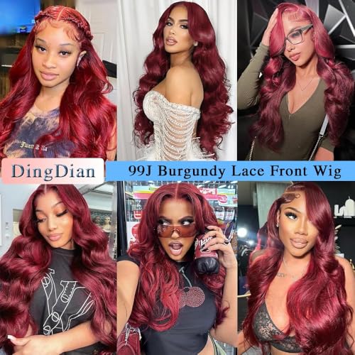 99j Burgundy Lace Front Wigs Human Hair 13x4 Body Wave Lace Front Wigs Human Hair Pre Plucked Glueless Red Wig Wine Red Wig for Women 180% Density 26Inch