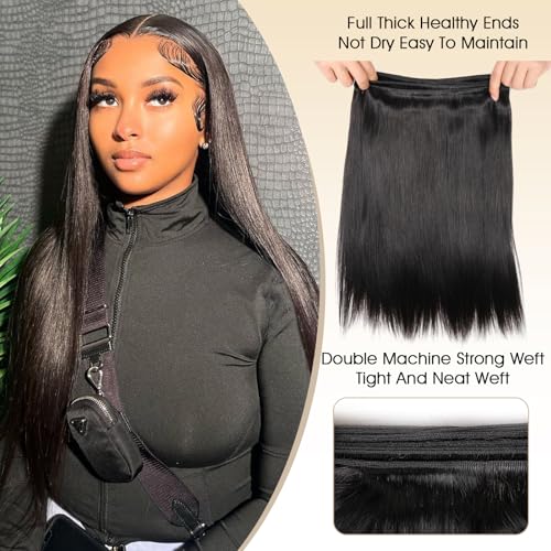 16A Straight Human Hair Bundles 100% Unprocessed Brazilian Virgin Hair, Natural Black Double Weft Extensions, Soft Remy Straight Weave 3 Bundles Deals (14 16 18 Inch)