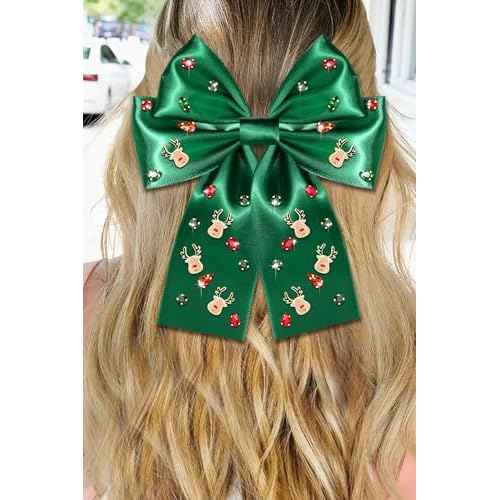 Boderier Christmas Hair Bows for Women Girls Santa Reindeer Hair Bows Clip Crystal Jeweled Ribbon Bows Christmas Outfits Hair Accessories Party Favors Gifts Reindeer Green