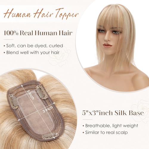 S-noilite Human Hair Toppers for Women with Bangs 100% Real Human Hairpiece 5"x3" Clip in Silk Base Topper Piece Cover Thinning Fine Hair 14 inch Golden Brown Highlighted Blonde