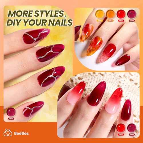 Beetles Jelly Gel Nail Polish Set - Autumn Prism Jelly Gel Polish, 6 Colors Fall Gel Polish Kit Yellow Orange Burgundy Red Purple Green Sheer Translucent Soak off UV Nail Art Manicure Gift for Women