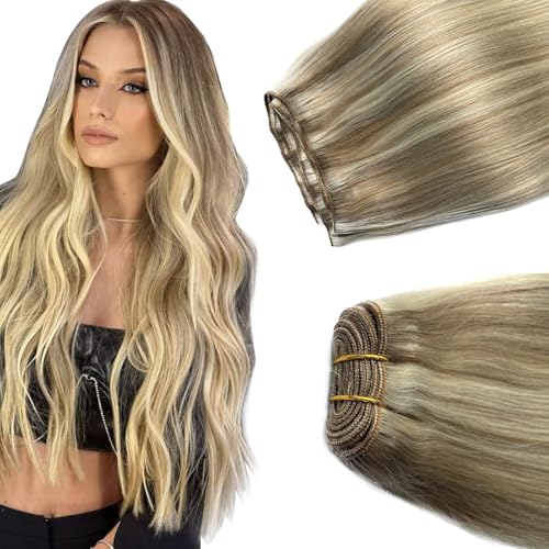 Balayage Blonde Hand Tied Weft Hair Extensions Human Hair 20 Inch Sew in Hair Extensions Real Human Hair 100G Ash Blonde Balayage Blonde Real Human Hair Weave Bundles Weft Extensions