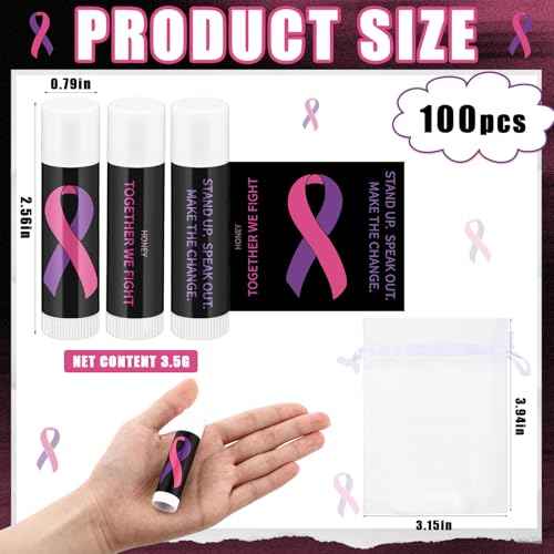 Fumete 100 Pcs Domestic Violence Awareness Items Lip Balm Bulk Pink Ribbon and Purple Ribbon Breast Cancer Awareness Moisturizer and Nourishing Lip Balm Gifts for Women Party Supplies, 4 Scents