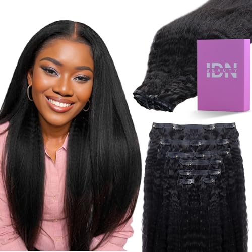 IDN BEAUTY Seamless Clip In Hair Extensions Human Hair, Kinky Straight 14 Inch 110g 7pcs Natural Black Remy Virgin Human Hair Seamless Clip Ins For Black Women PU Weft Invisible Edge