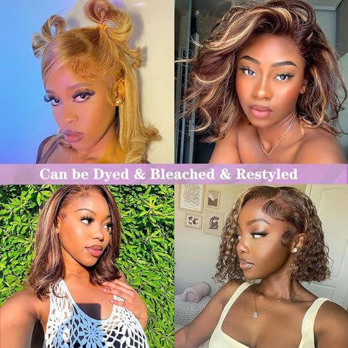 Bob Wigs Human Hair Highlight Ombre 13x4 Lace Front Wigs 4/27 Honey Blonde Glueless Wigs Pre Plucked with Baby Hair 180 Density Short Bob Wigs for Women 12 Inch