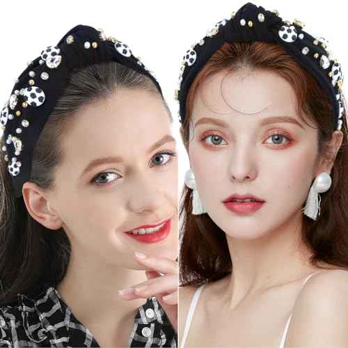 YARIEW Jeweled Knotted Headband - Wide Top Knot Headband for Girls, Sports Fan Mom, Game Day Accessories, Christmas Gifts (Black)