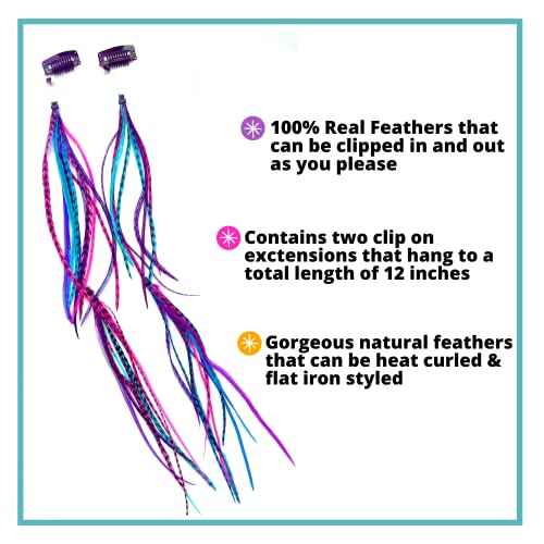Feather Hair Clips, Long Hippie Boho Indian Accessories, Real Clip on Feather Extensions (Pink/Blue/Purple)