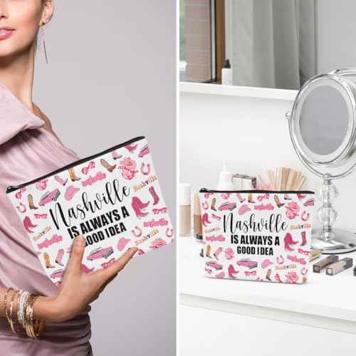 6PCS Nashville Travel Makeup Bag Nashville Themed Girls Trip Gifts Favors Nashville Travel Lover Gifts for Women Her Travel Cosmetic Bag for Holiday Trip Vacation