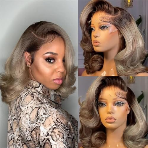 200% Density Ombre Ash Blonde Lace Front Bob Wig Human Hair Body Wave 13x4 Thicker Ombre Brown Roots with Grey Ash Blonde Short Bob Wig Pre Plucked with Baby Hair for Women 12 Inch