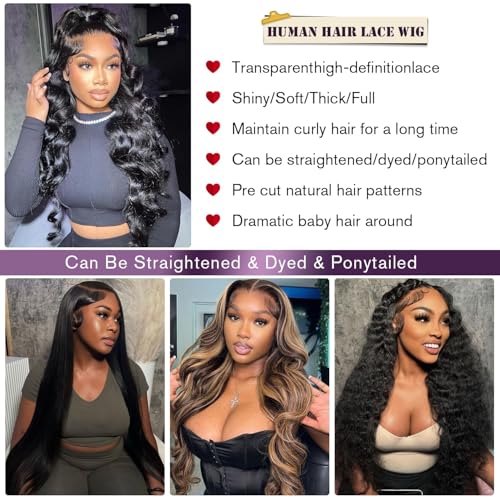 26 Inch 13x6 Body Wave Lace Front Wigs Human Hair 180 Density HD Lace Frontal Wigs Human Hair Pre Plucked Human hair Wig for Women Natural Black