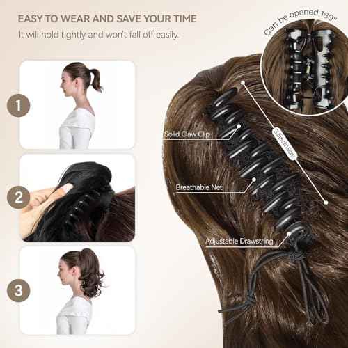 14 Inch Ponytail Extension - Wavy Pony Tails Hair Extensions, Claw Clip Ponytail Extension, Synthetic Hair Extensions Ponytail, Clip on Ponytails for Women (Light Brown With Beige Highlights)